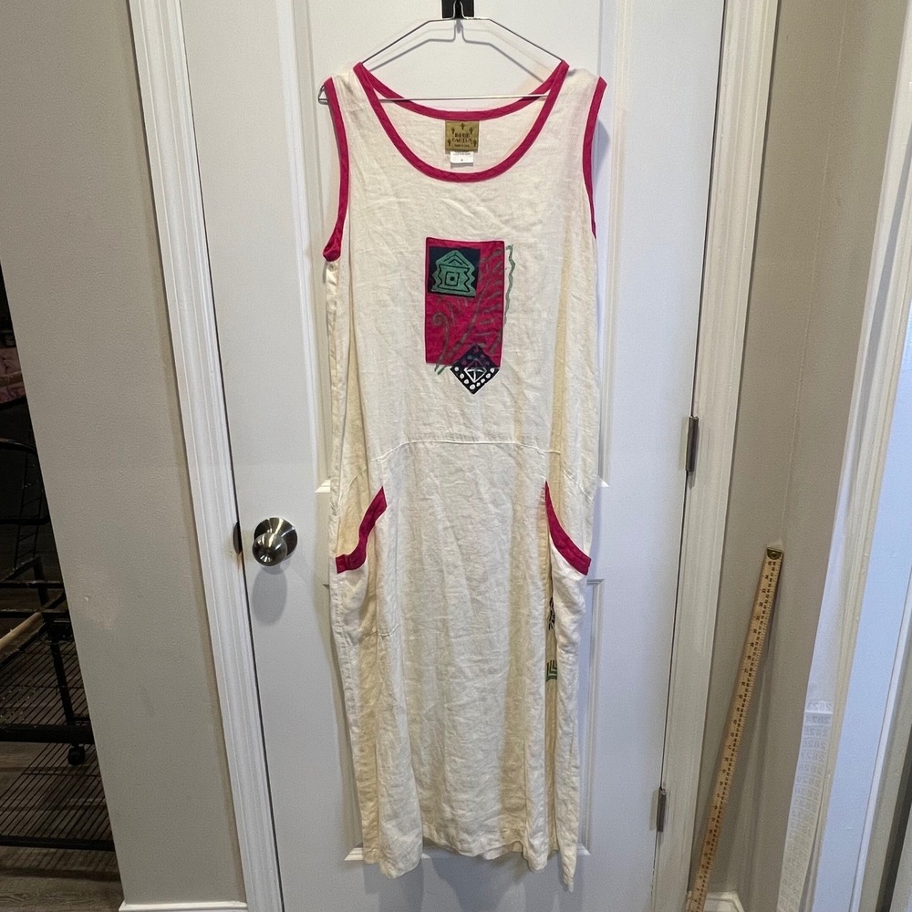 Blue Cactus Linen Dress M Pink Trim‎ Art Print Midi Made in USA Sleeveless